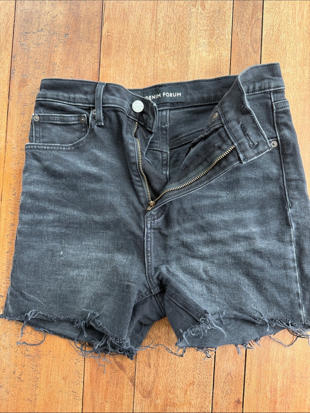 Denim Forum Washed Black High-Rise Frayed Jean Shorts